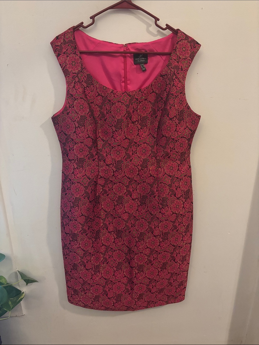 Adrianna Papell Pink Burgundy Floral Metallic Jacquard Sheath Dress Size 12